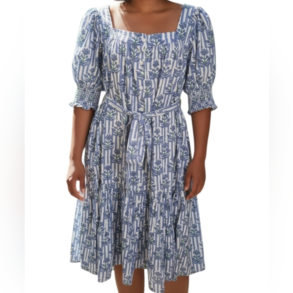 Ophelia & Indigo XS Blue Floral Stripe Midi Dress Cottagecore Coastal Belted